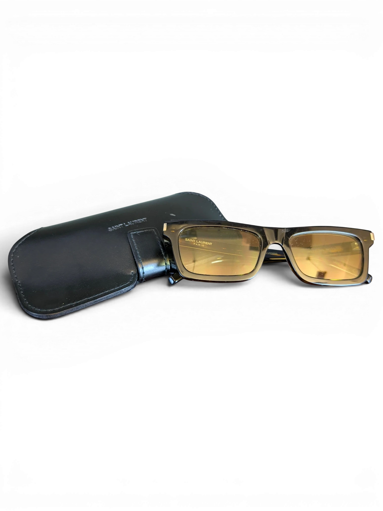 JAKE & IPI Saint Laurent SL461 Betty rectangular sunglasses with black frames and protective leather case