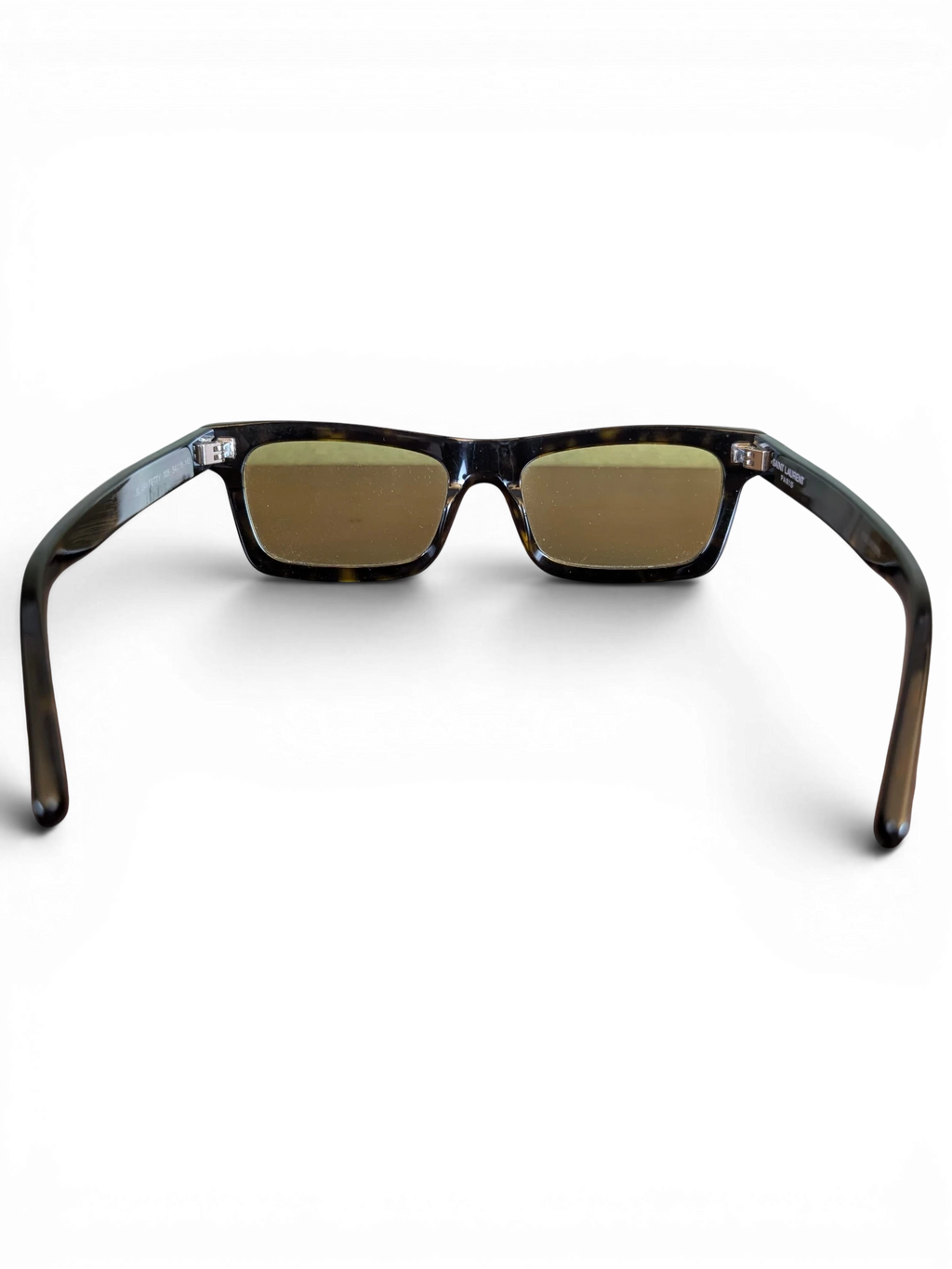 JAKE & IPI Saint Laurent SL461 Betty sunglasses featuring a tortoiseshell frame and rectangular lenses, rear view.