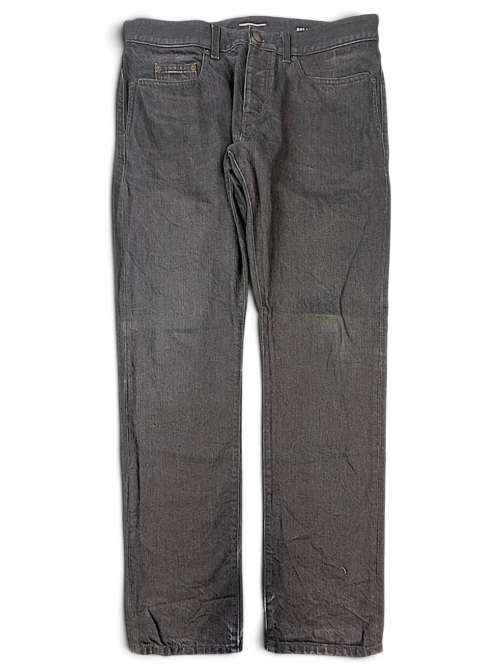 JAKE & IPI Saint Laurent charcoal grey denim jeans with a classic five-pocket design and button fly closure.