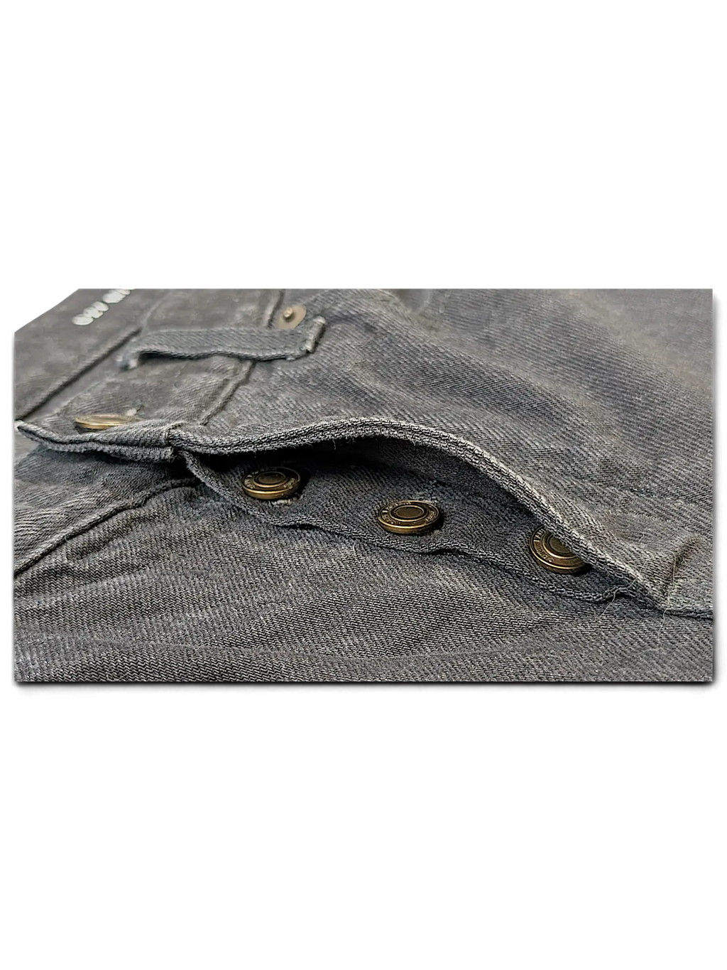 JAKE & IPI Saint Laurent jeans featuring a dark grey denim texture and antique brass button fly detail.