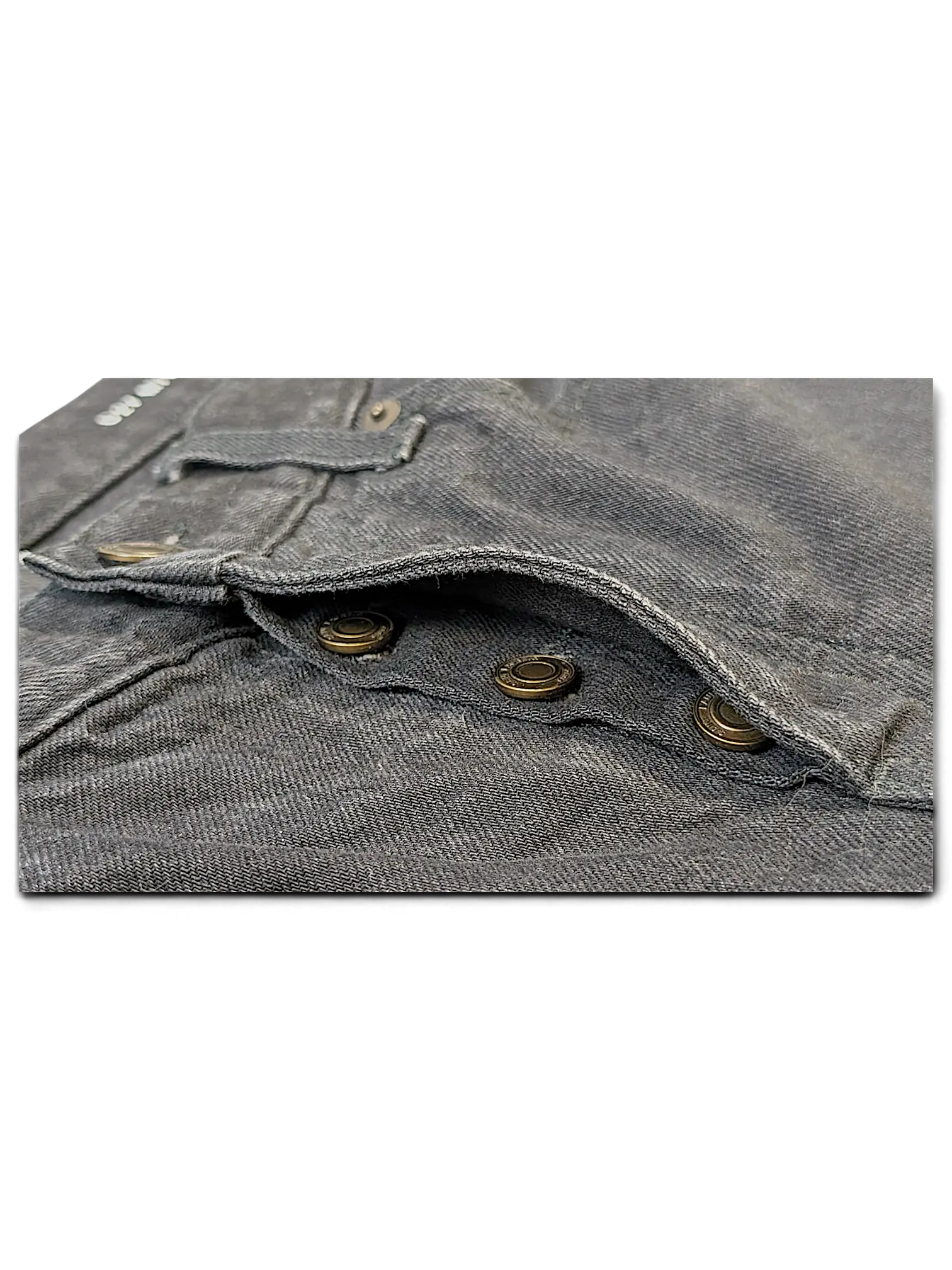 JAKE & IPI Saint Laurent jeans featuring a dark grey denim texture and antique brass button fly detail.