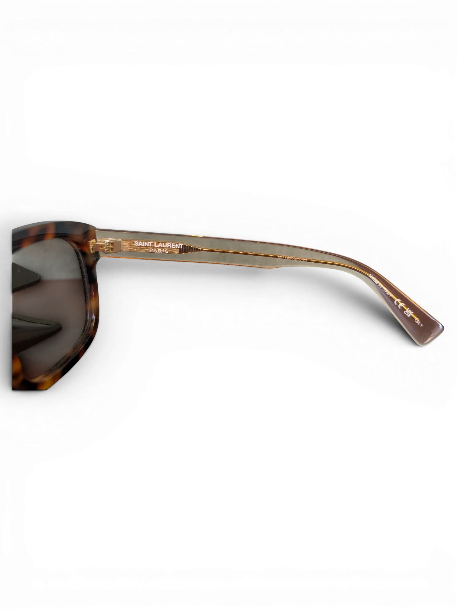 JAKE & IPI Saint Laurent SL558 sunglasses featuring a tortoiseshell frame and gold logo detail on the temple