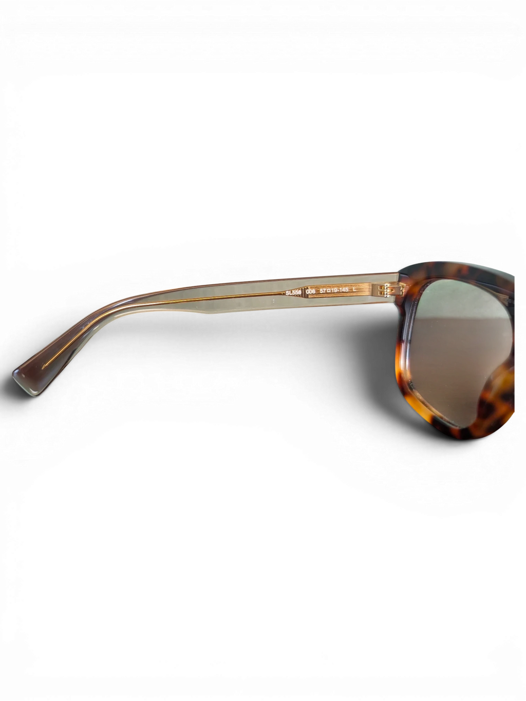 JAKE & IPI Saint Laurent SL558 sunglasses with a tortoiseshell frame and side view of the temple arm.