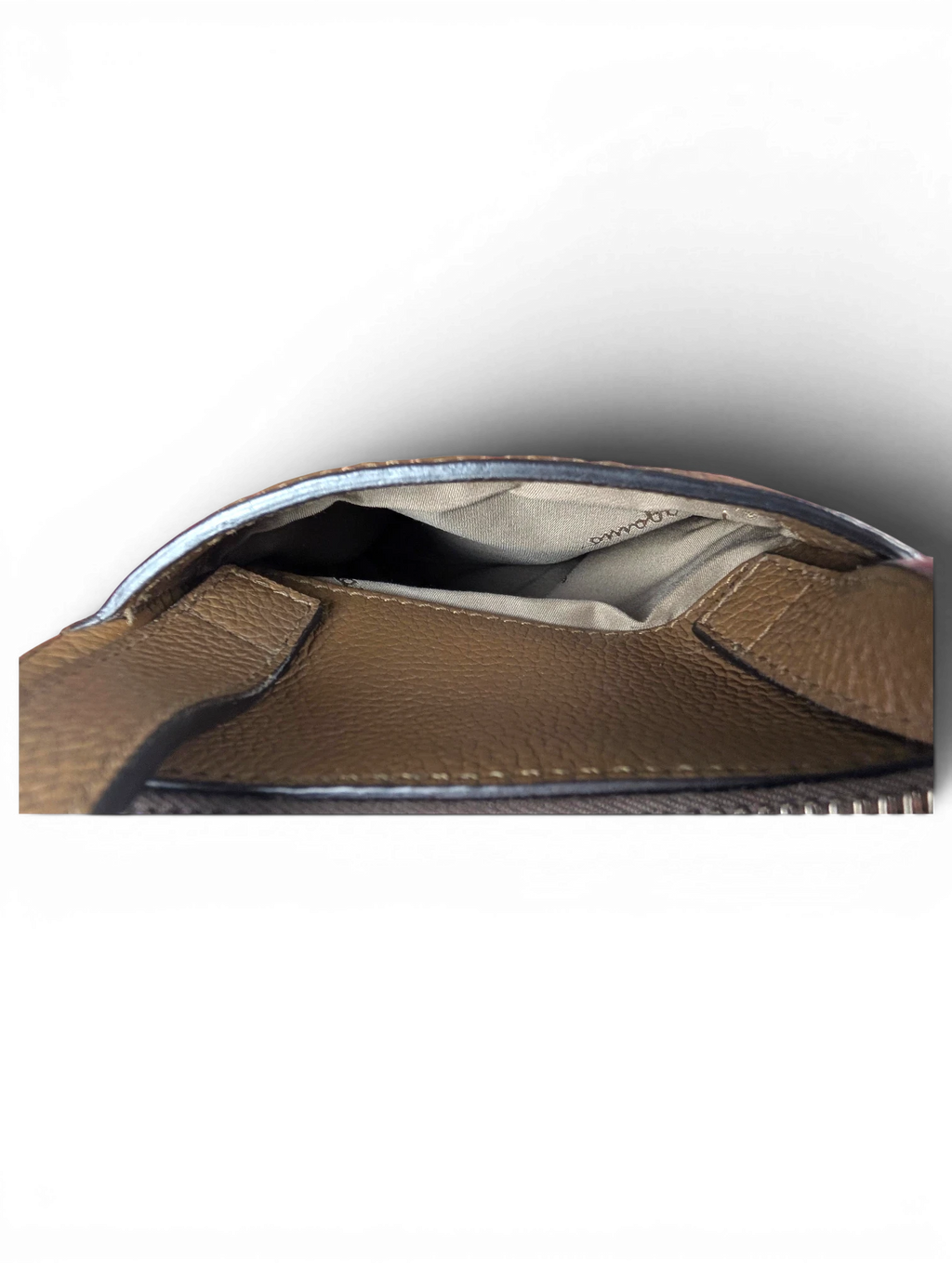 JAKE & IPI Salvatore Ferragamo brown leather messenger bag interior view with fabric lining