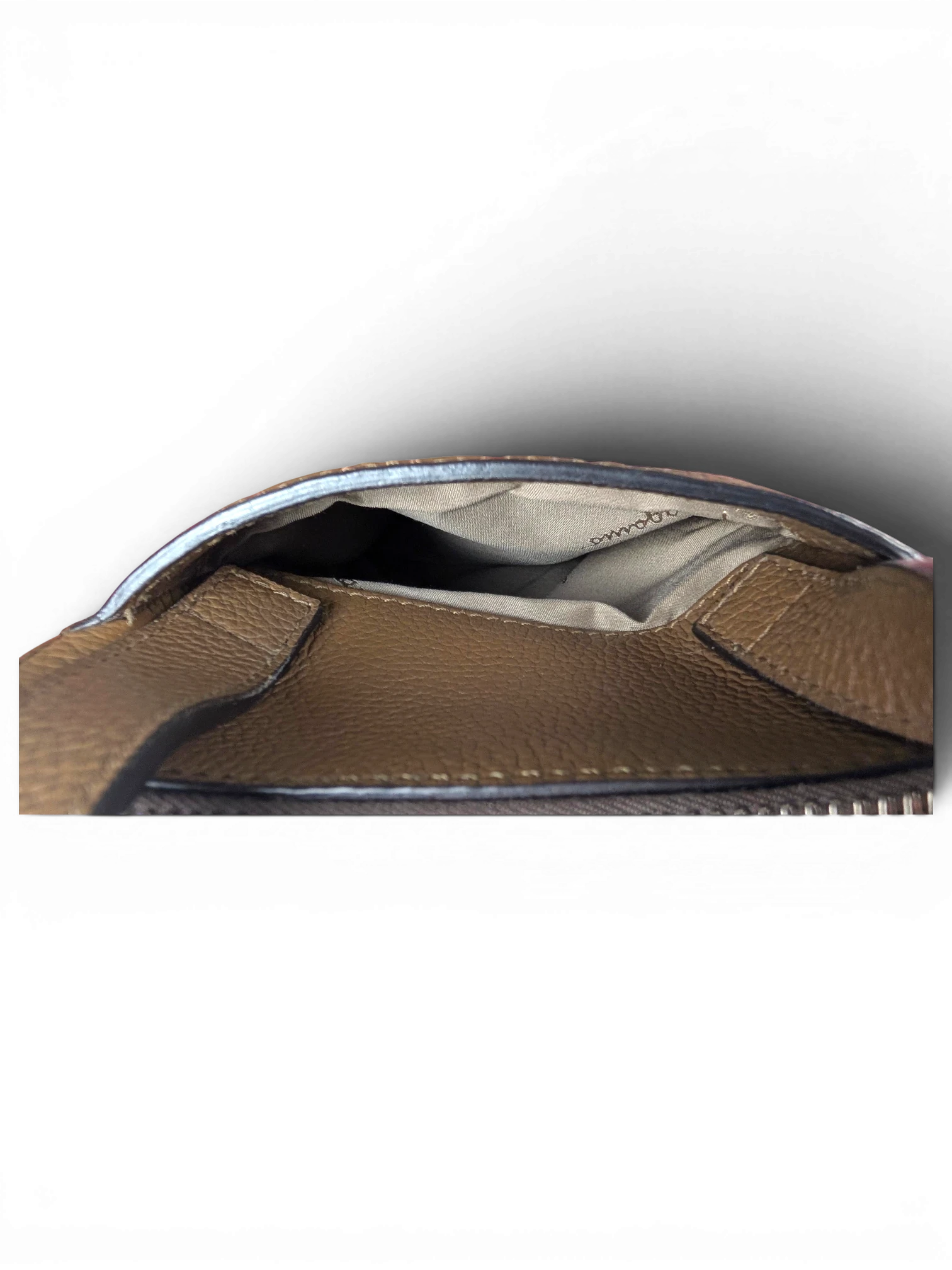 JAKE & IPI Salvatore Ferragamo brown leather messenger bag interior view with fabric lining