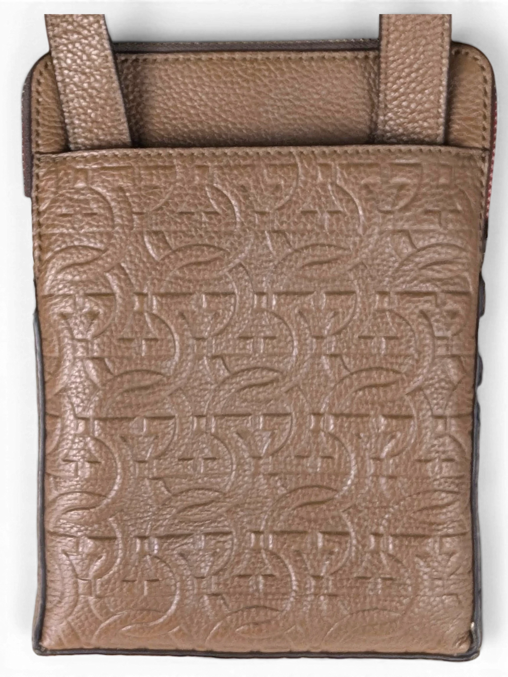 JAKE & IPI Salvatore Ferragamo brown leather messenger bag with embossed Gancini pattern and adjustable shoulder strap
