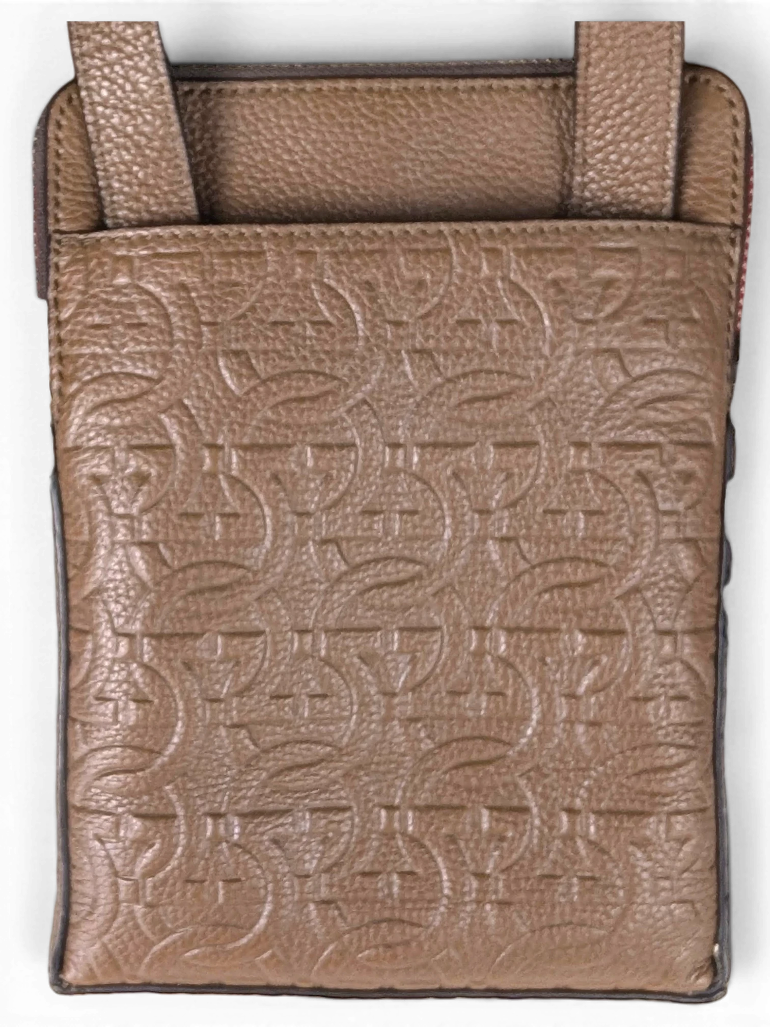 JAKE & IPI Salvatore Ferragamo brown leather messenger bag with embossed Gancini pattern and adjustable shoulder strap