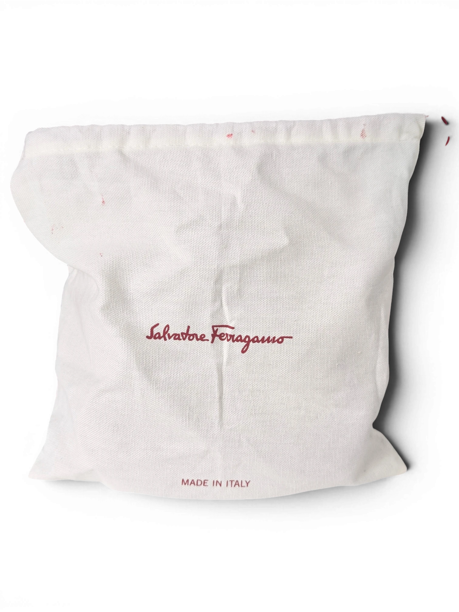 JAKE & IPI white cotton dust bag for Salvatore Ferragamo messenger bag with red logo and Made in Italy text