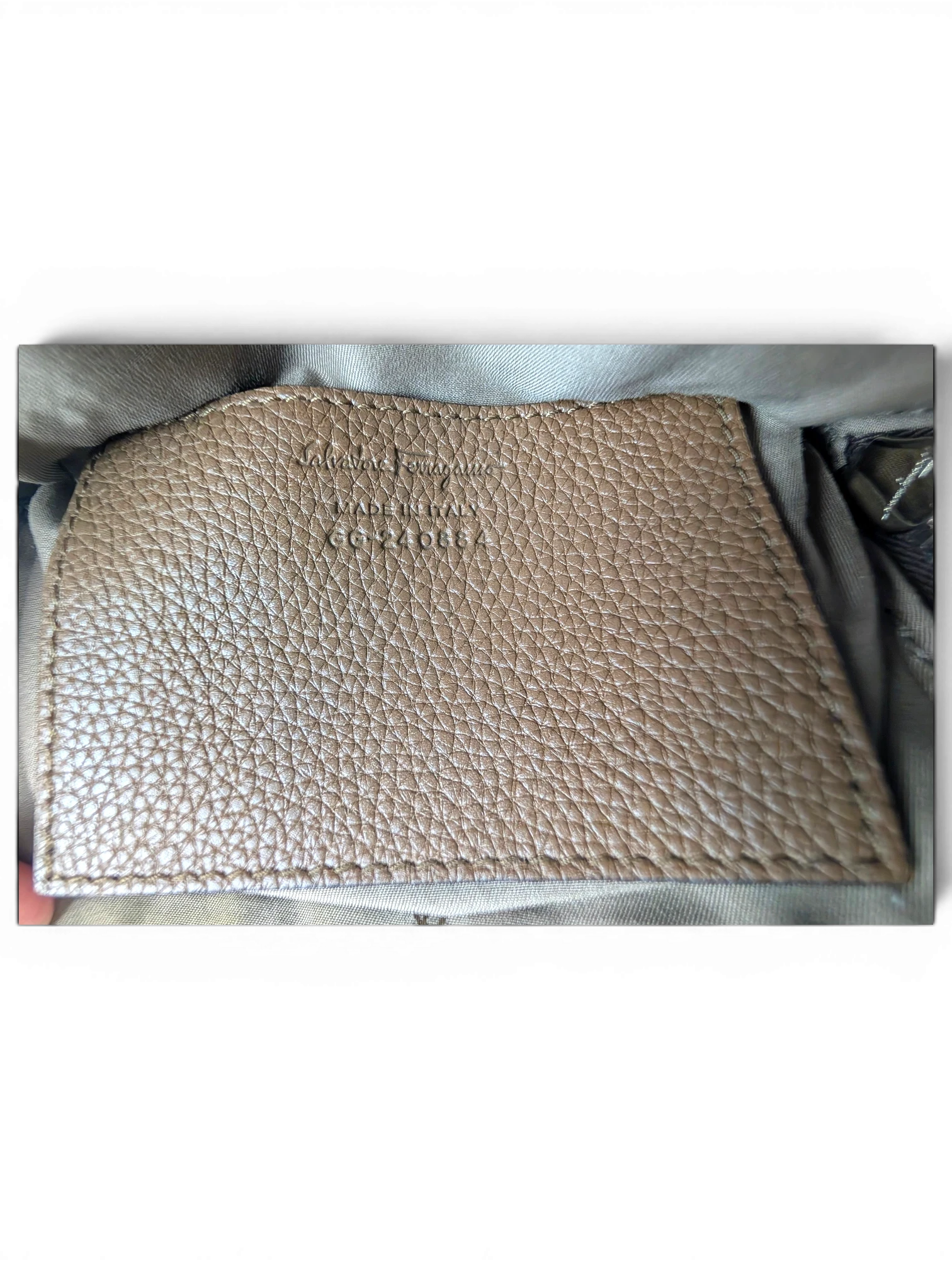 JAKE & IPI Salvatore Ferragamo messenger bag interior leather brand label with Made in Italy stamp