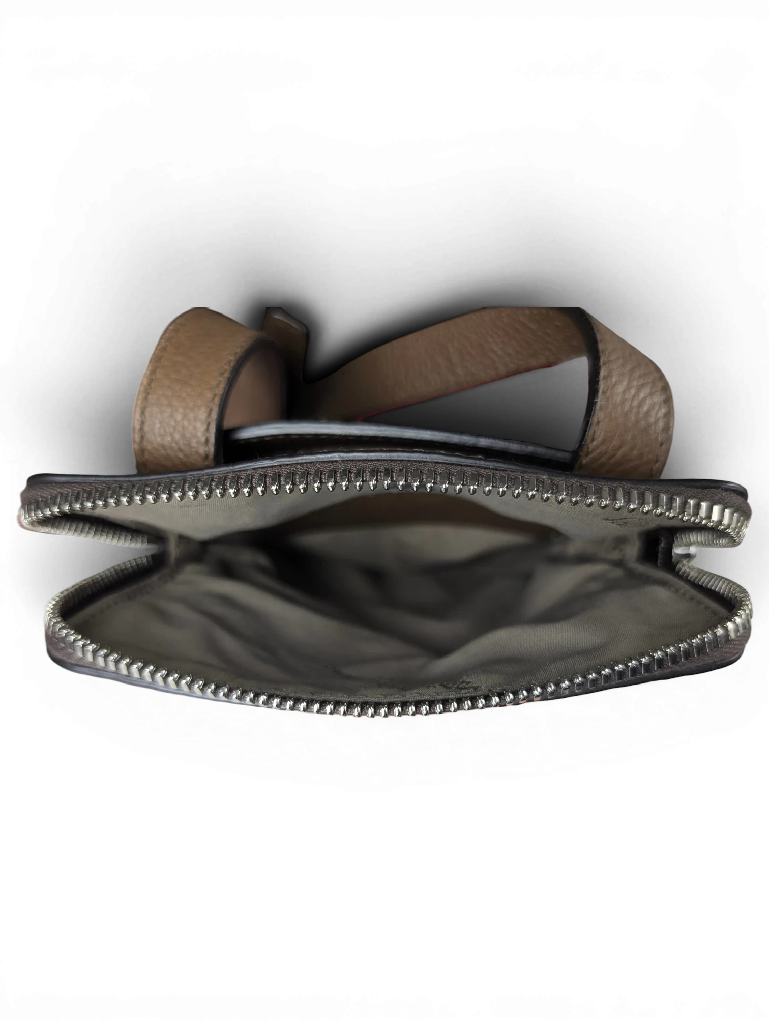 JAKE & IPI Salvatore Ferragamo messenger bag interior view showing brown leather and silver zipper detail