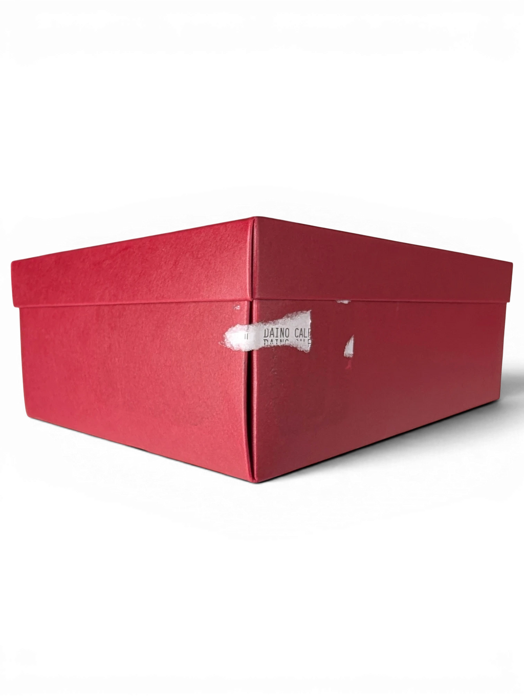 JAKE & IPI red Salvatore Ferragamo designer shoe box with a partial product label on the side