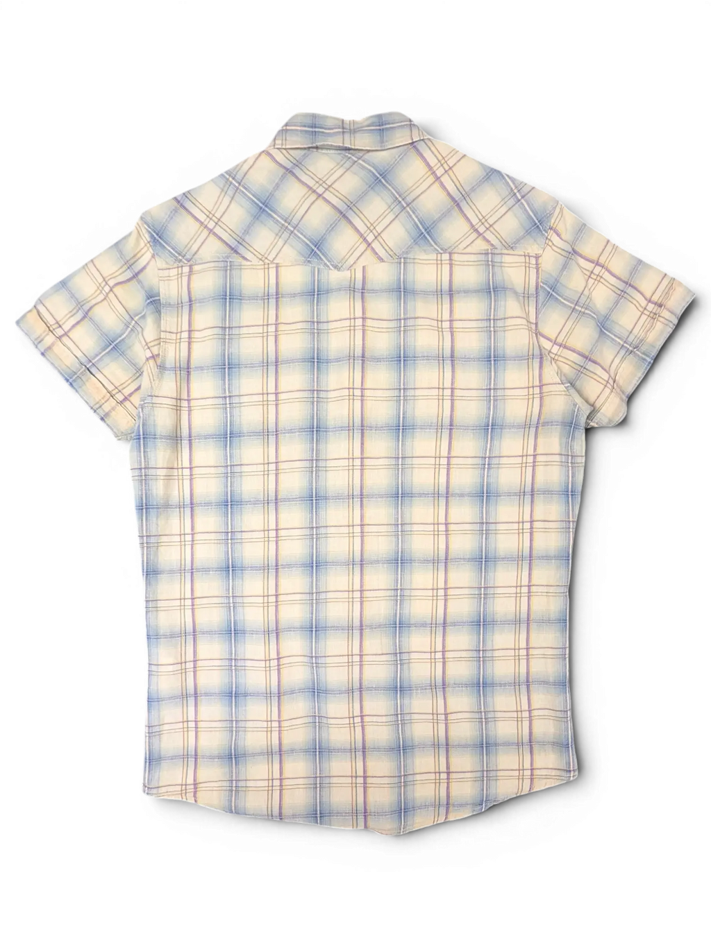 JAKE & IPI Scotch & Soda plaid short sleeve western shirt in beige, blue, and burgundy, back view.