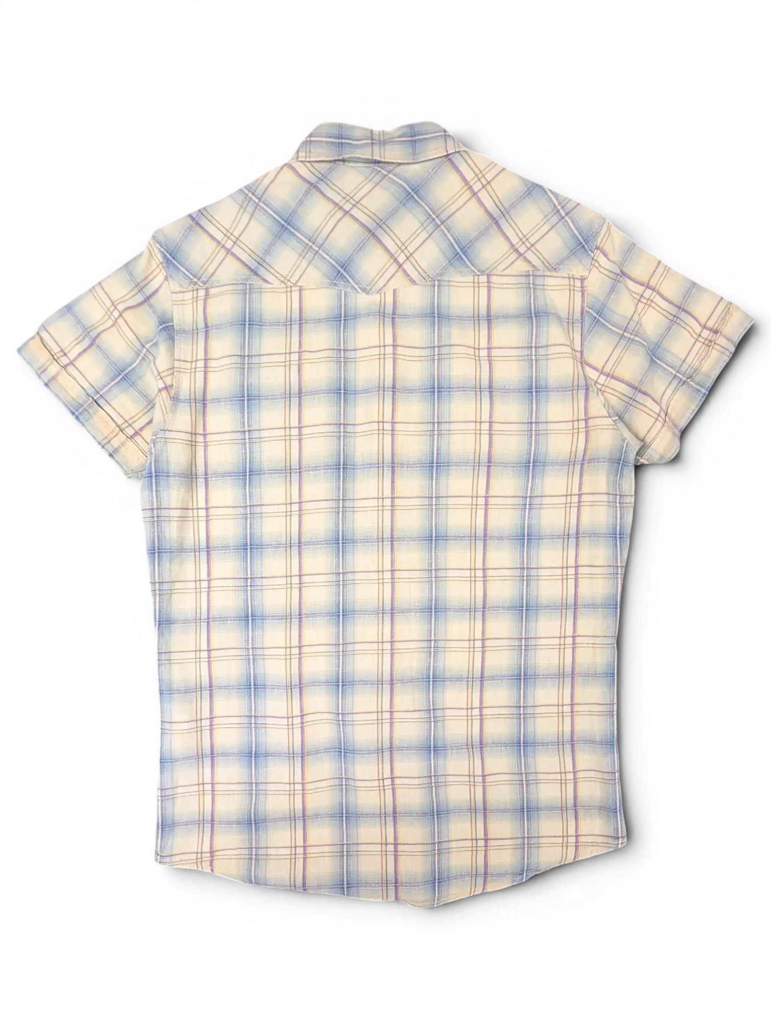 JAKE & IPI Scotch & Soda plaid short sleeve western shirt in beige, blue, and burgundy, back view.