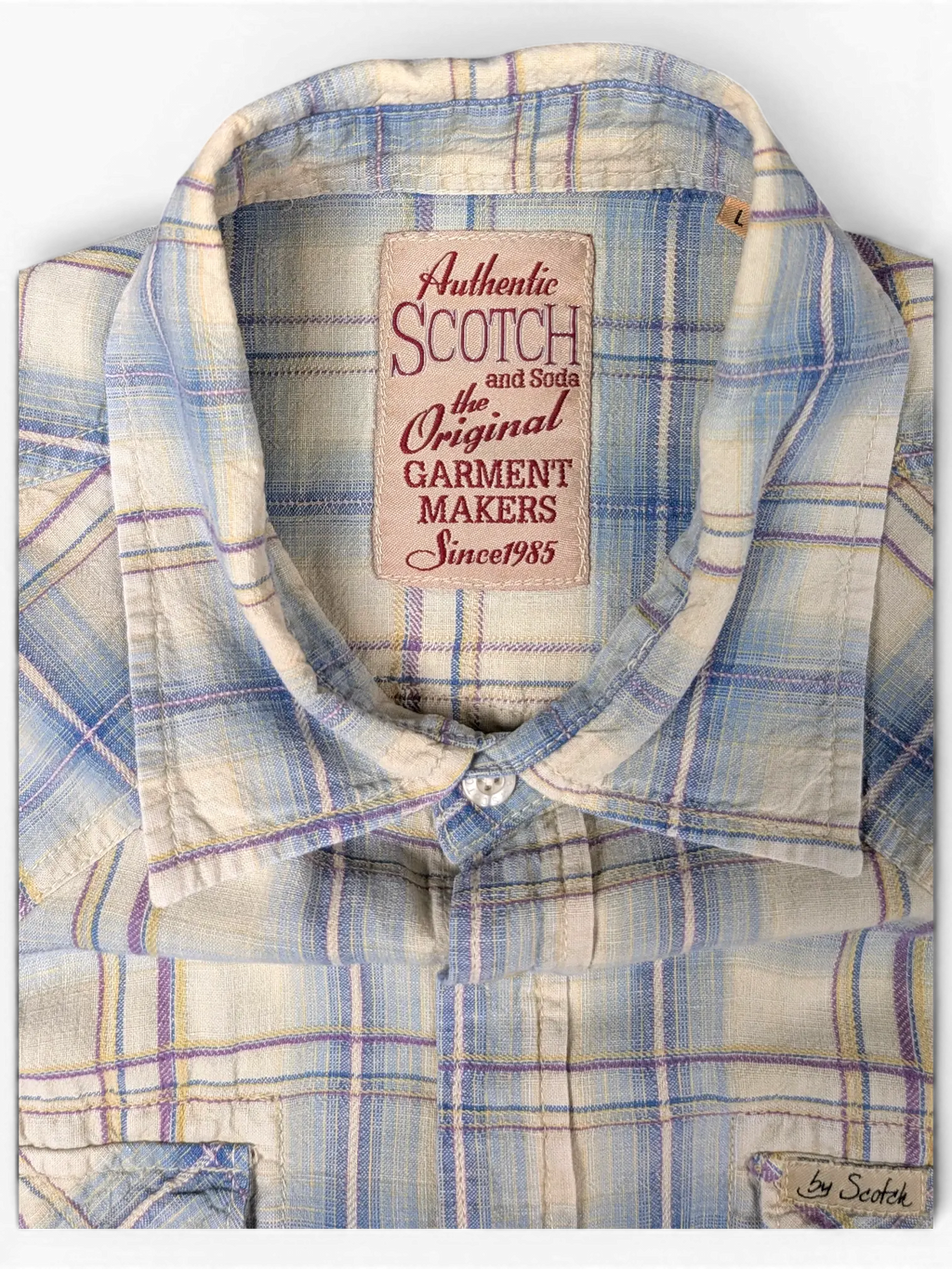 JAKE & IPI Scotch & Soda beige, blue, and burgundy plaid short sleeve shirt with chest pocket label detail