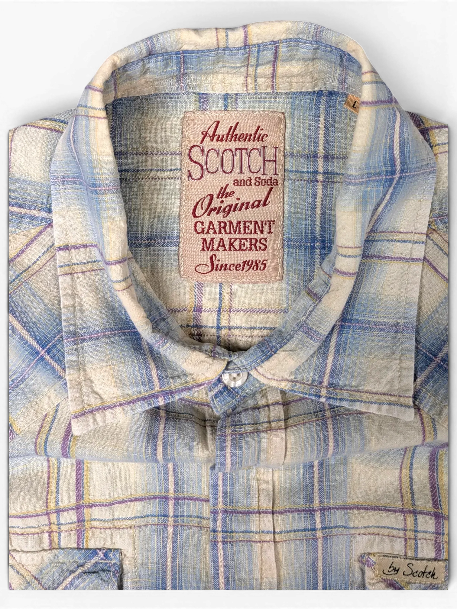 JAKE & IPI Scotch & Soda beige, blue, and burgundy plaid short sleeve shirt with chest pocket label detail