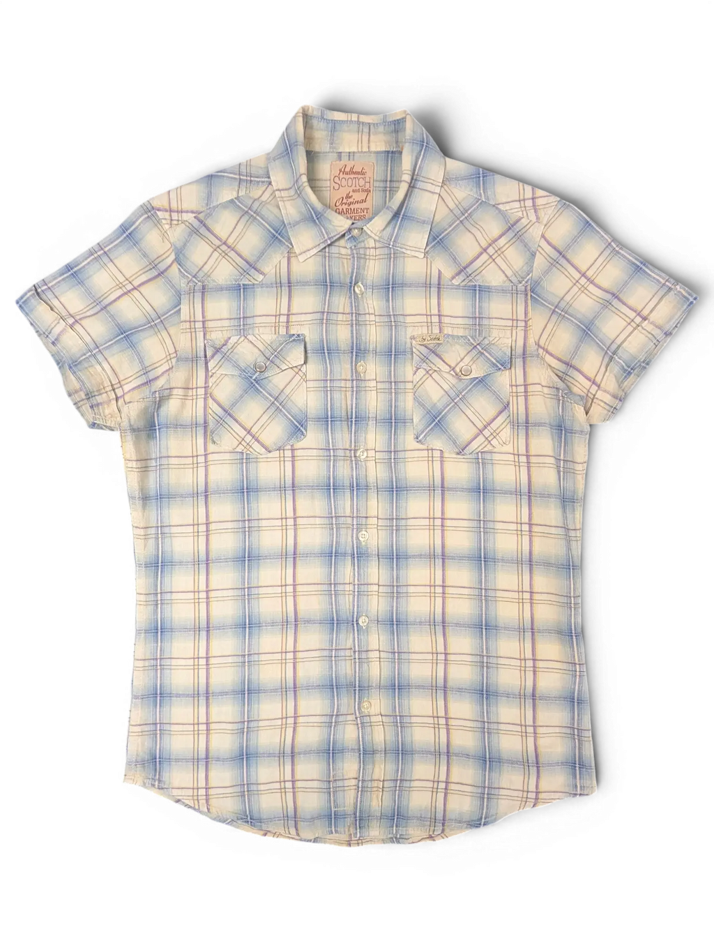 JAKE & IPI Scotch & Soda beige, blue, and burgundy plaid short-sleeve western shirt with two chest pockets.
