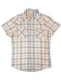 JAKE & IPI Scotch & Soda beige, blue, and burgundy plaid short-sleeve western shirt with two chest pockets.