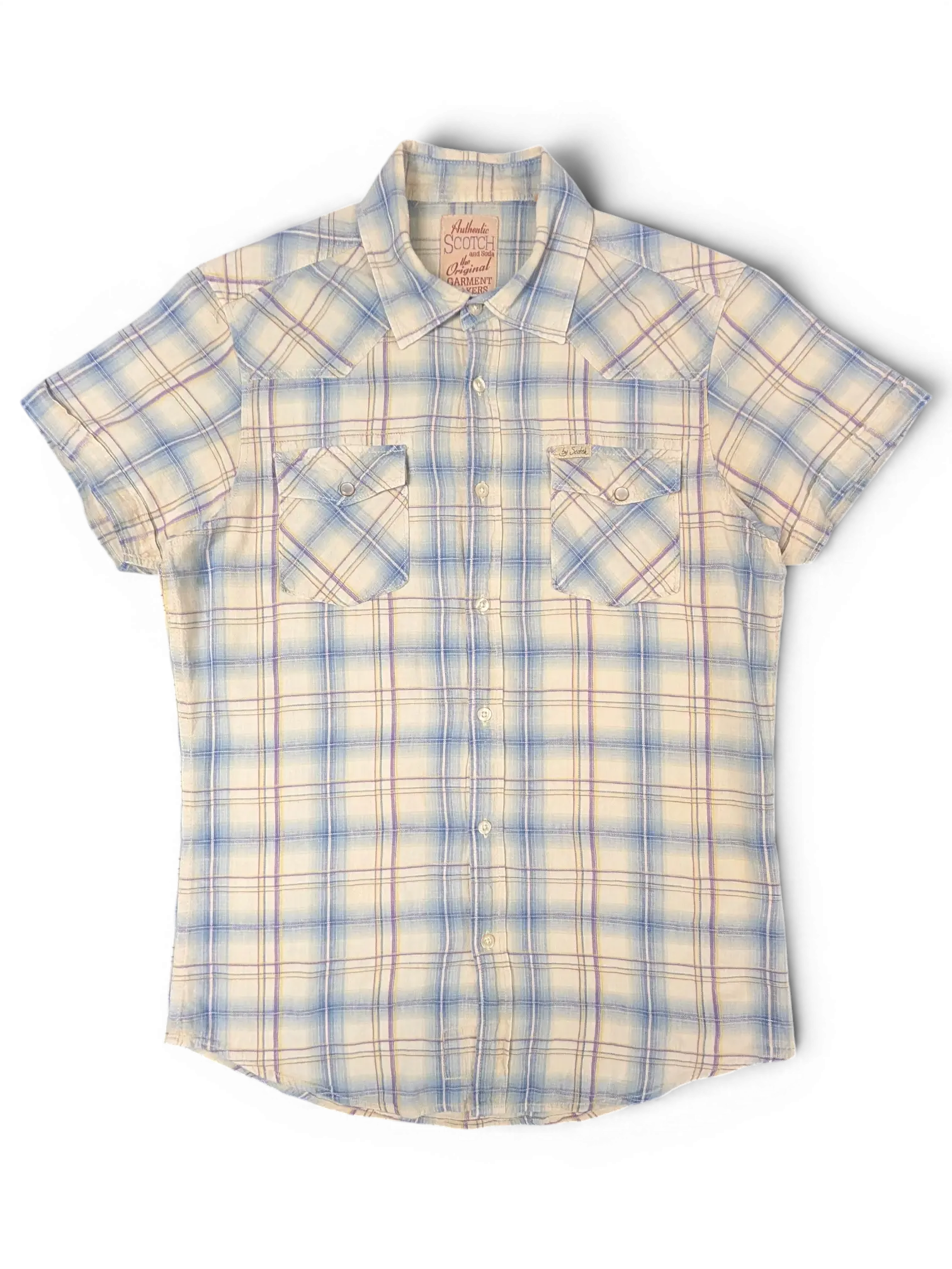 JAKE & IPI Scotch & Soda beige, blue, and burgundy plaid short-sleeve western shirt with two chest pockets.
