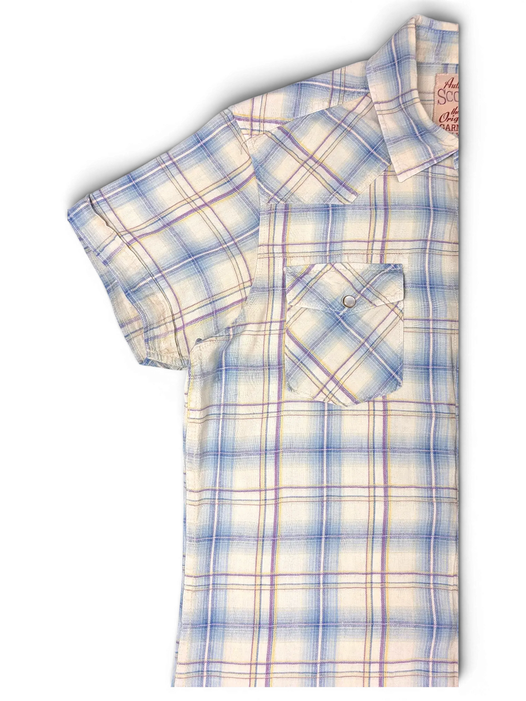 JAKE & IPI Scotch & Soda short sleeve plaid shirt in beige, blue, and burgundy with a chest pocket