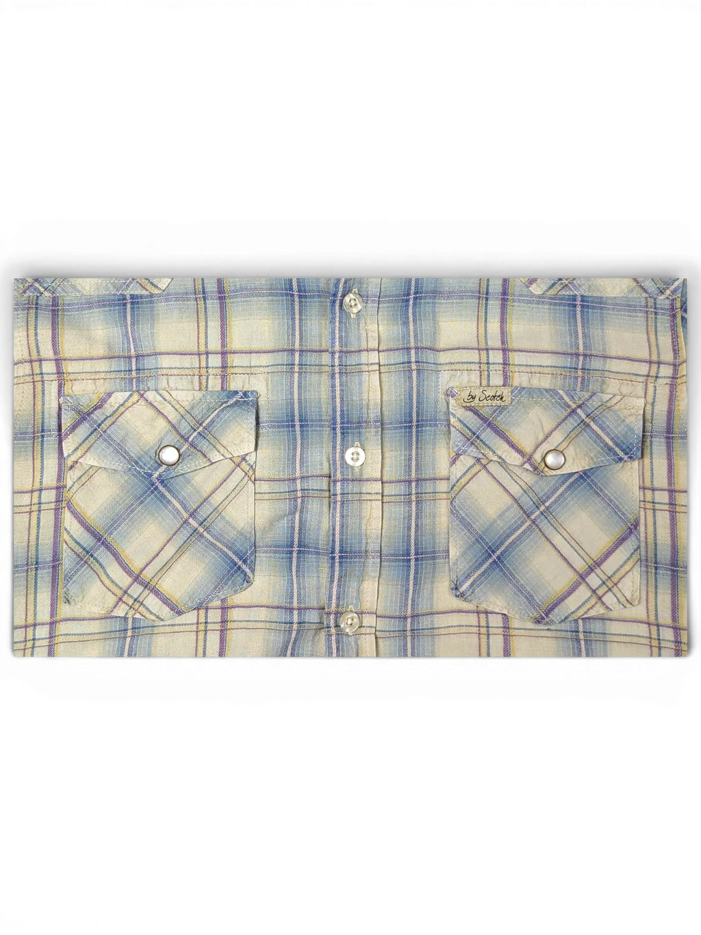 JAKE & IPI Scotch & Soda beige, blue, and burgundy plaid short-sleeve western shirt with two flap chest pockets.