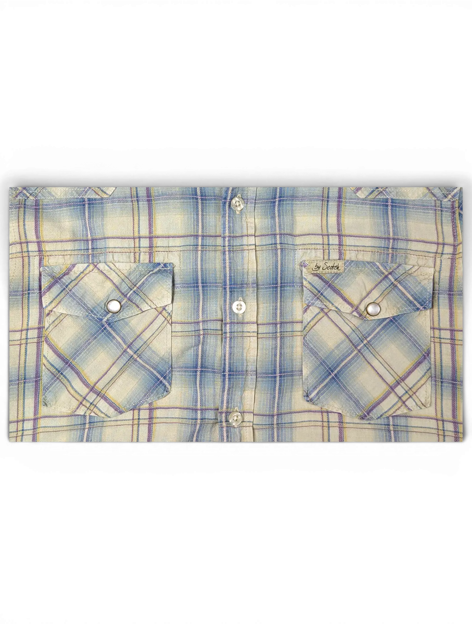 JAKE & IPI Scotch & Soda beige, blue, and burgundy plaid short-sleeve western shirt with two flap chest pockets.