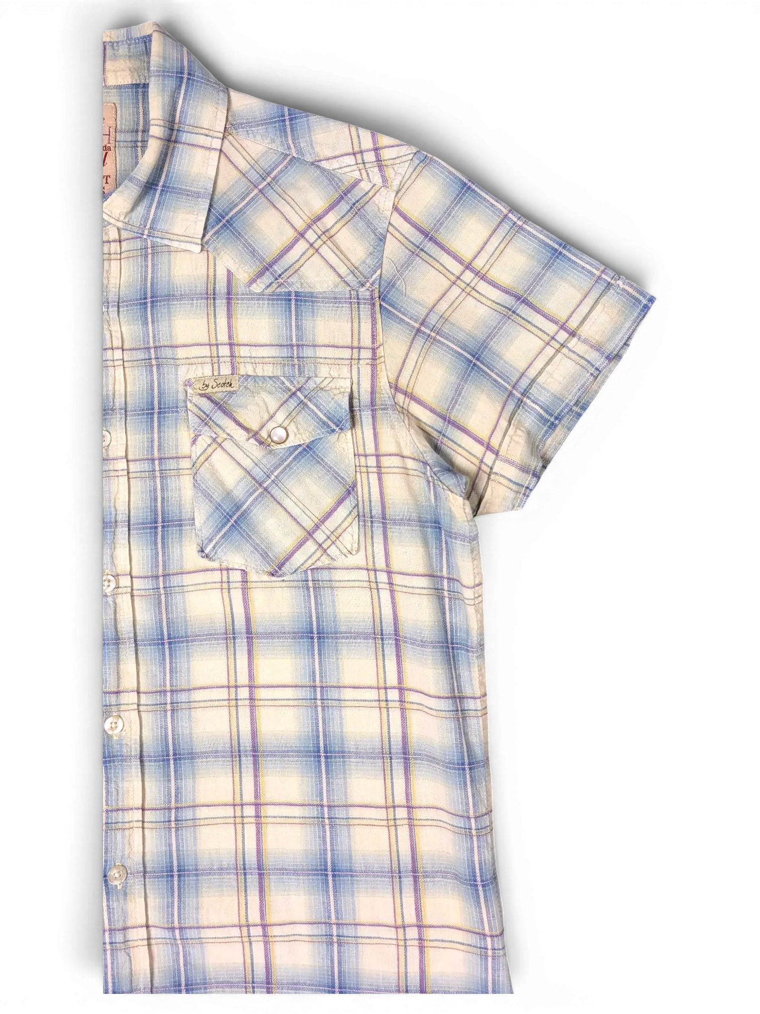 JAKE & IPI Scotch & Soda beige, blue, and burgundy plaid short sleeve western shirt with chest pockets