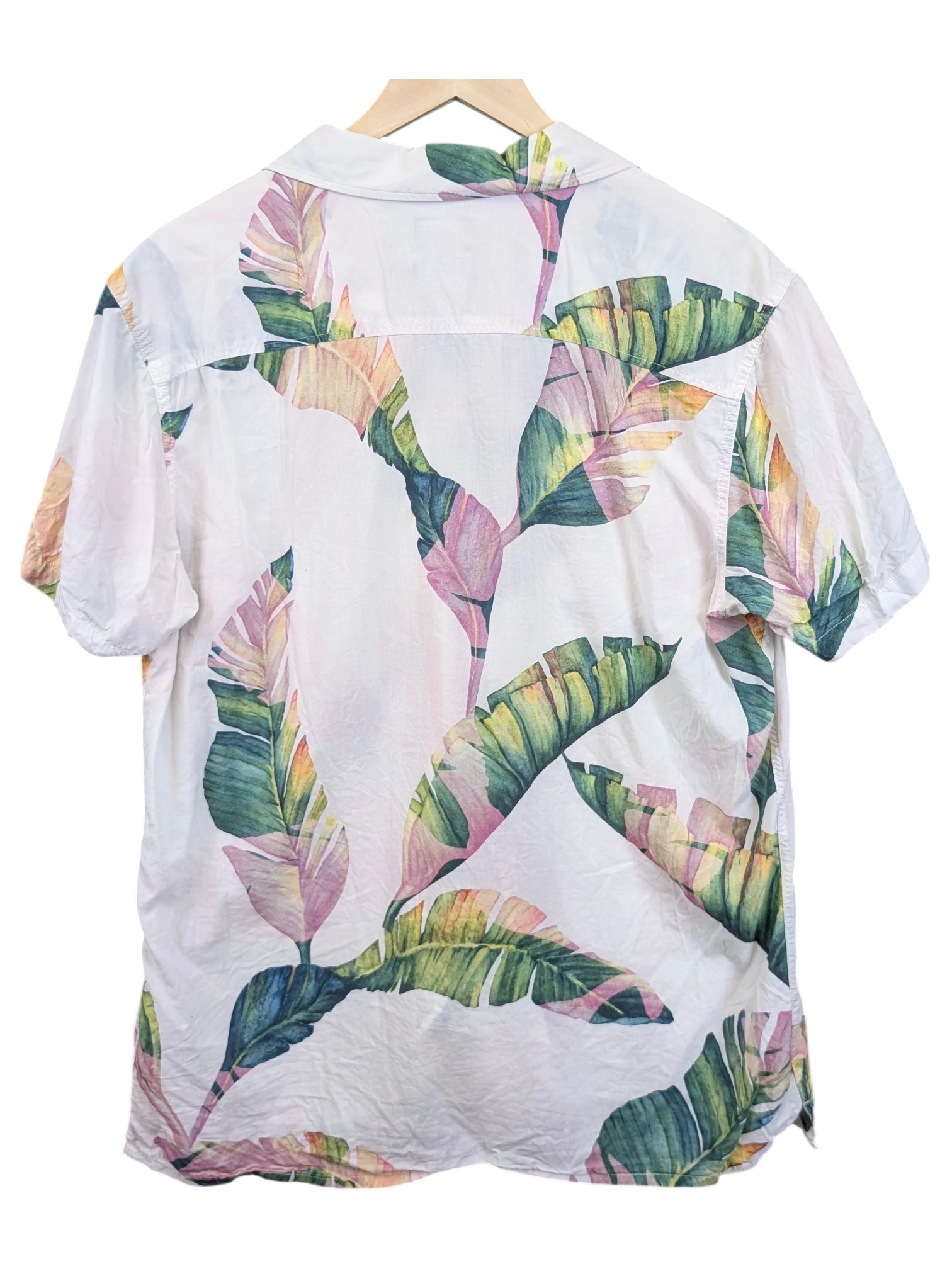 JAKE & IPI Selected Homme white Hawaiian shirt with a colourful tropical leaf print, back view on a hanger.