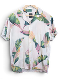 JAKE & IPI Selected Homme white Hawaiian shirt with green and pink tropical leaf print and short sleeves