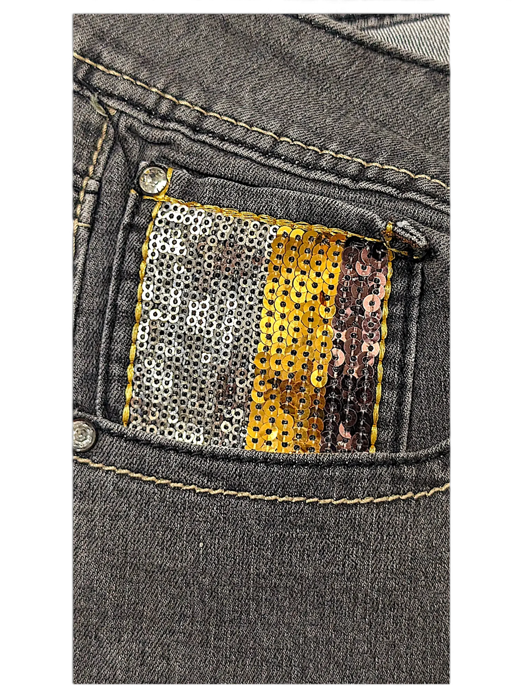 JAKE & IPI SP Classic Y2K jeans featuring a coin pocket with multi-colored silver, gold, and bronze sequin detailing.