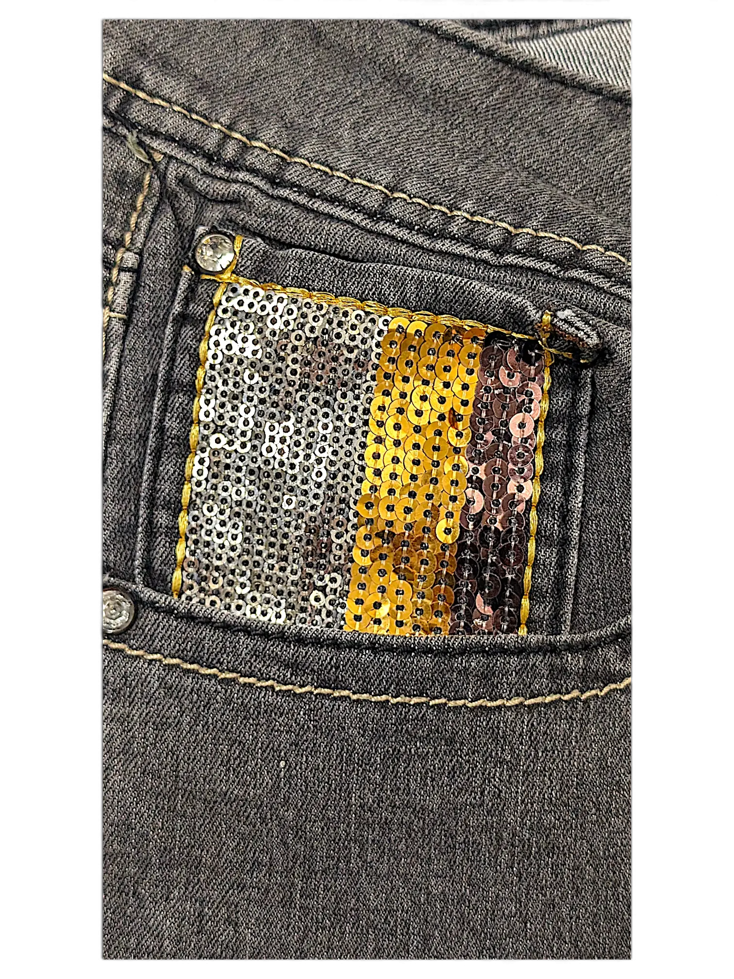JAKE & IPI SP Classic Y2K jeans featuring a coin pocket with multi-colored silver, gold, and bronze sequin detailing.