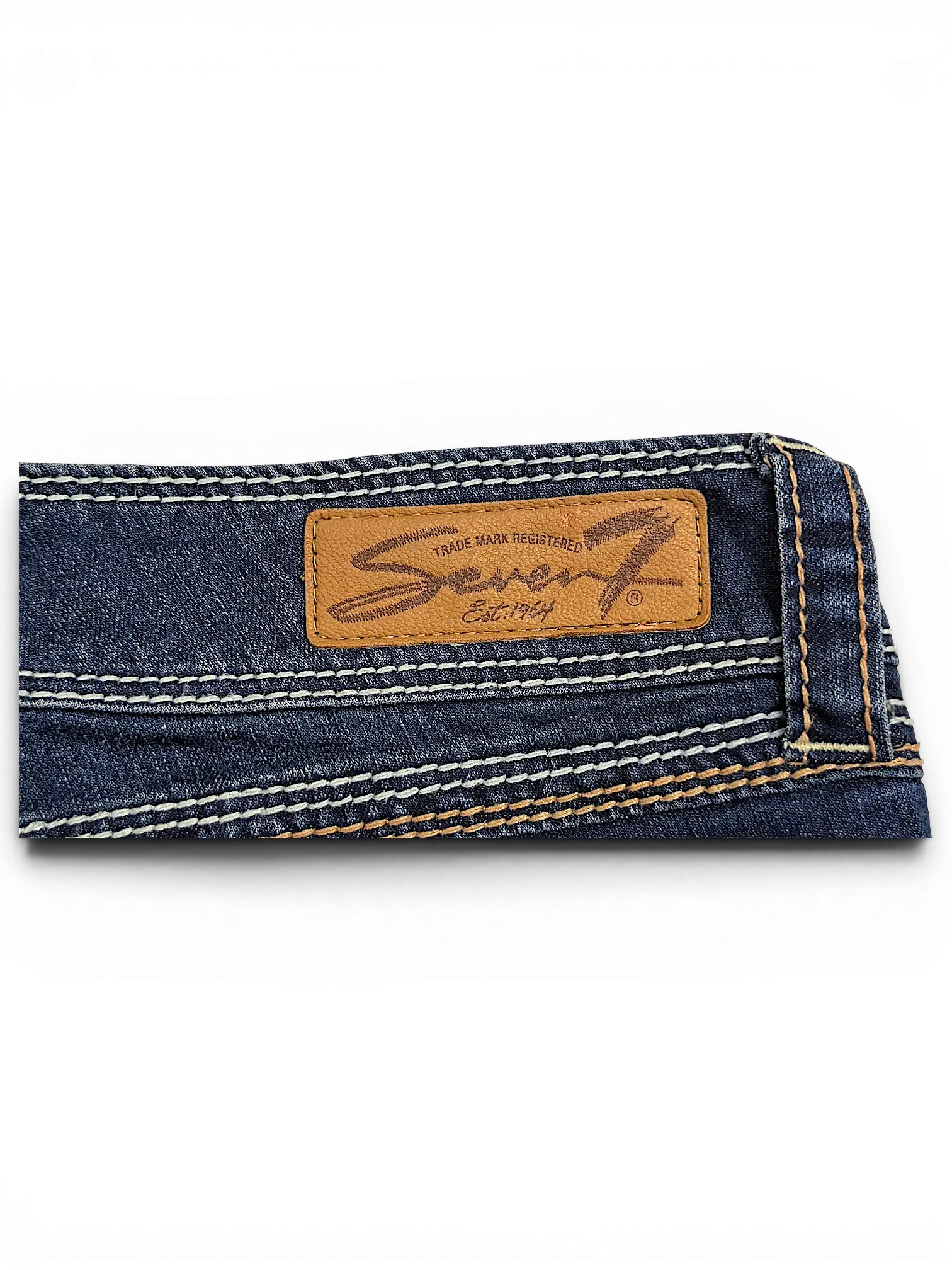 JAKE & IPI Seven7 capri jeans featuring a brown leather brand patch and contrast white stitching on dark blue denim