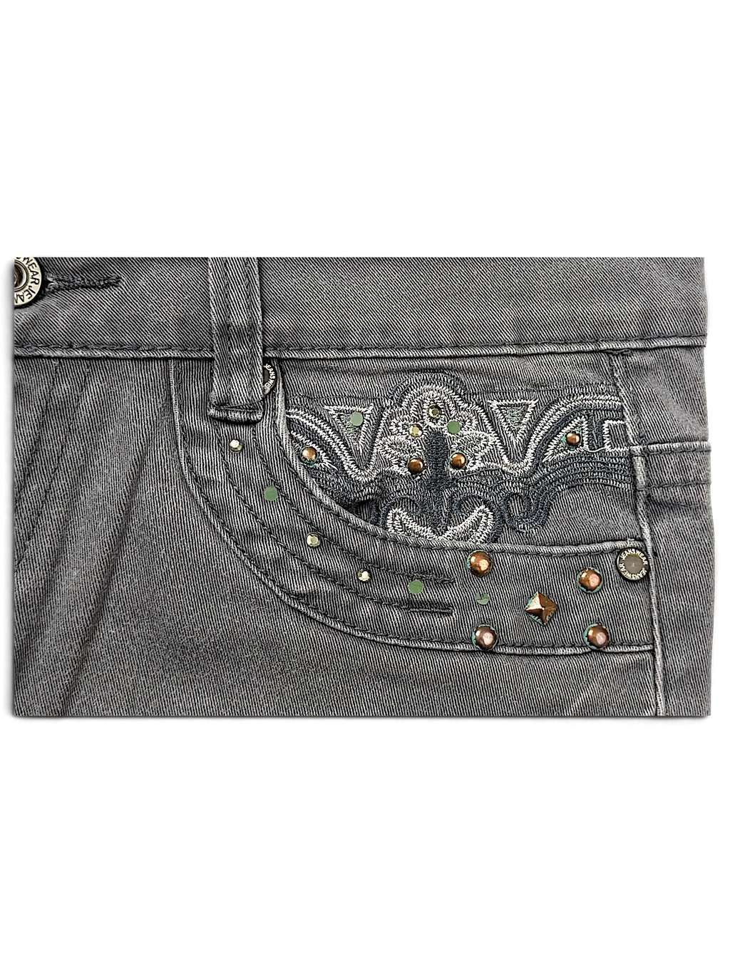 JAKE & IPI Seyoo Denim Division Y2K jeans featuring grey denim with intricate embroidery and metallic stud detailing.