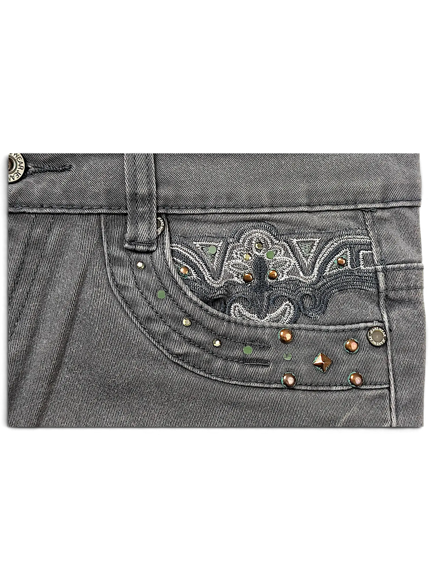 JAKE & IPI Seyoo Denim Division Y2K jeans featuring grey denim with intricate embroidery and metallic stud detailing.