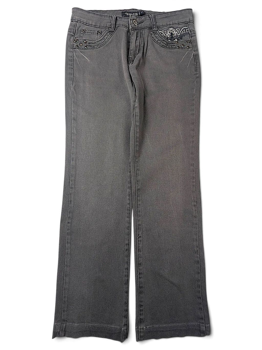 JAKE & IPI Seyoo Denim Division Y2K grey jeans with studded pocket detailing and flared leg silhouette.