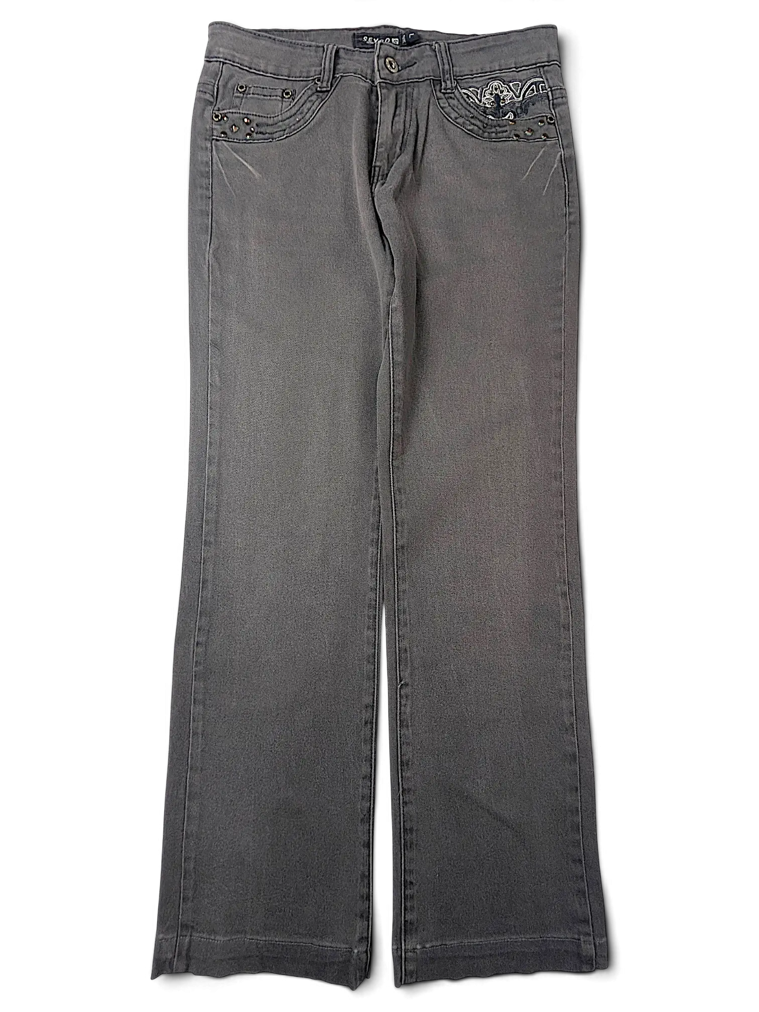 JAKE & IPI Seyoo Denim Division Y2K grey jeans with studded pocket detailing and flared leg silhouette.