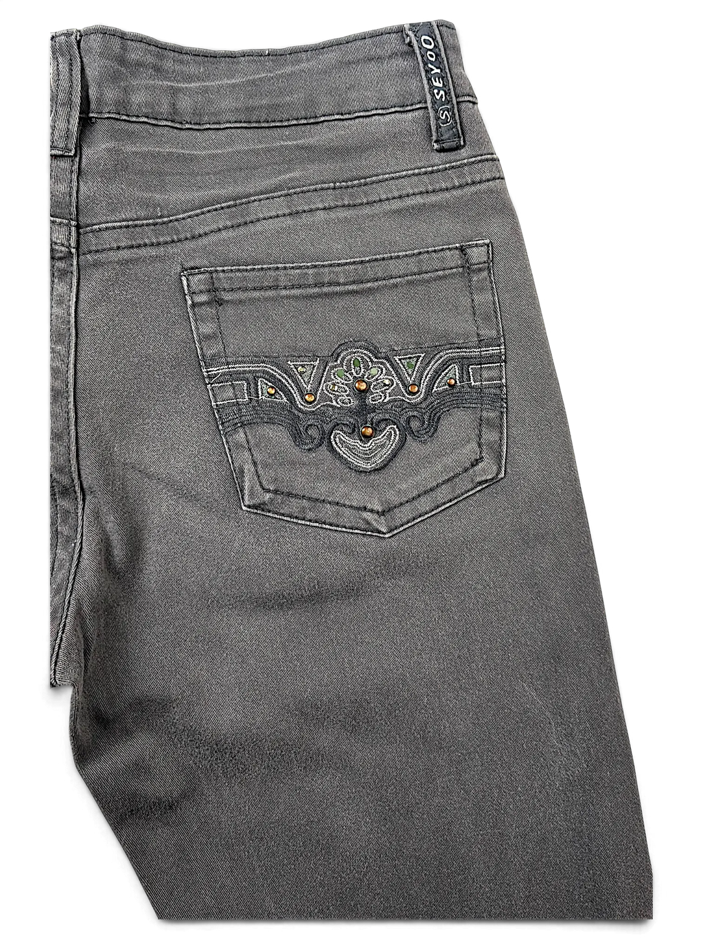JAKE & IPI Seyoo Denim Division grey Y2K jeans featuring back pocket embroidery and stud detailing