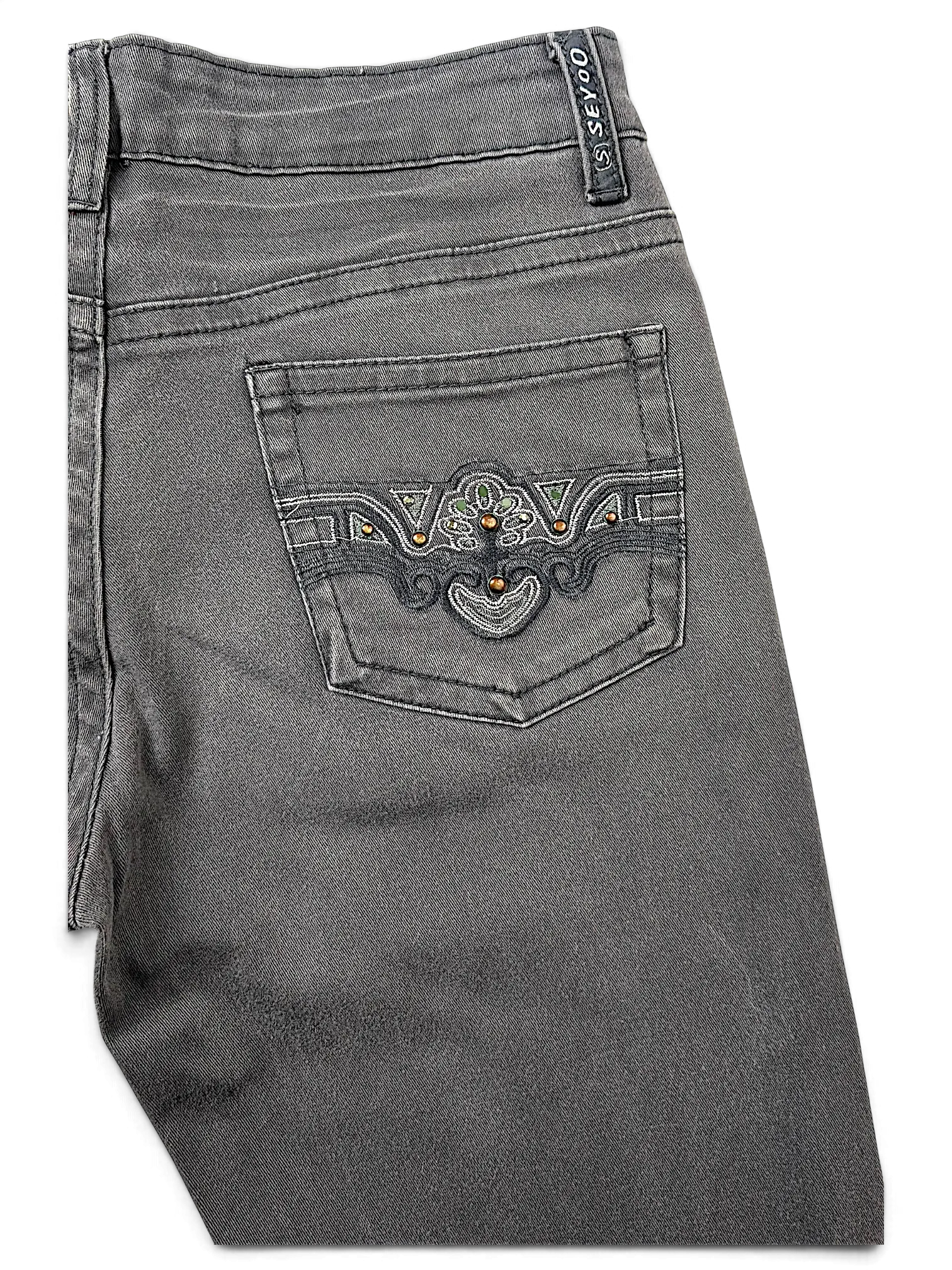 JAKE & IPI Seyoo Denim Division grey Y2K jeans featuring back pocket embroidery and stud detailing