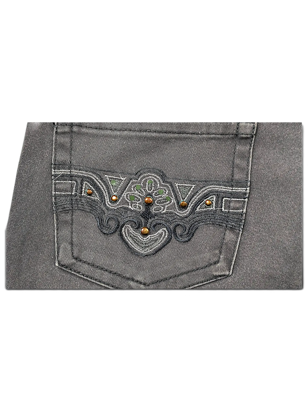 JAKE & IPI Seyoo Denim Division Y2K jeans back pocket with intricate dark embroidery, green accents, and metal studs.
