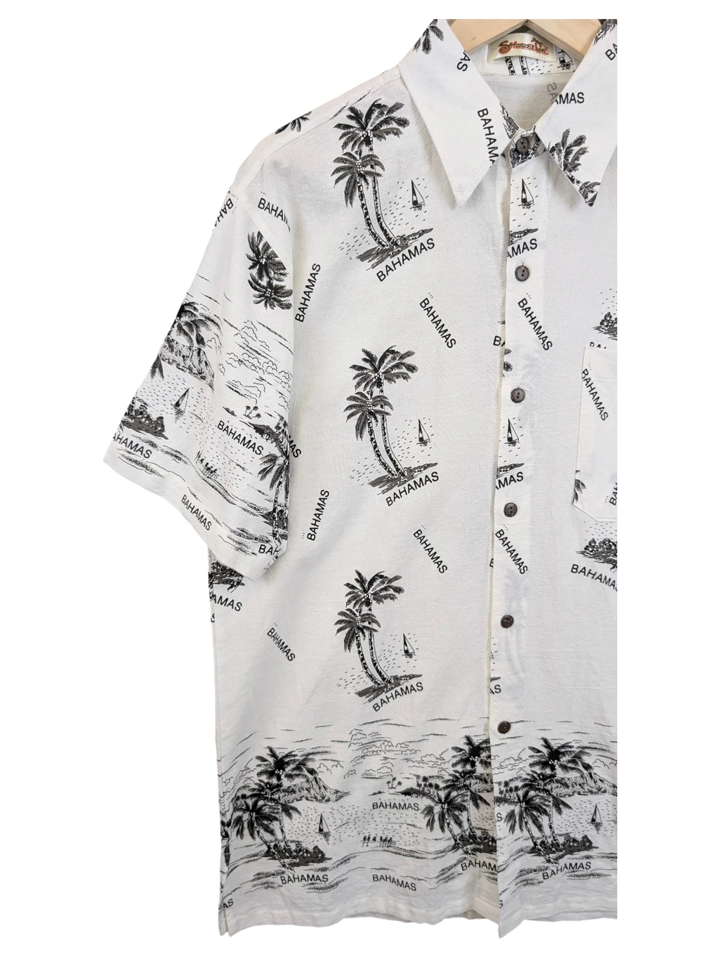 JAKE & IPI Shoreline Hawaiian shirt in white with black tropical palm tree and Bahamas print, featuring a button-down front.