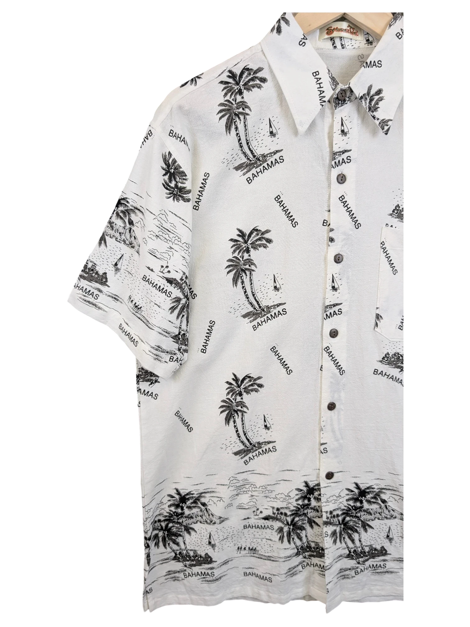 JAKE & IPI Shoreline Hawaiian shirt in white with black tropical palm tree and Bahamas print, featuring a button-down front.