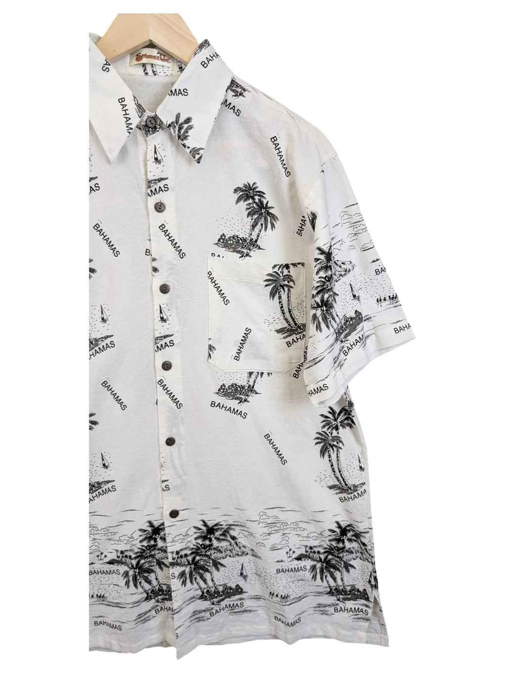 JAKE & IPI Shoreline Hawaiian shirt in white with black Bahamas palm tree and sailboat print, featuring a chest pocket