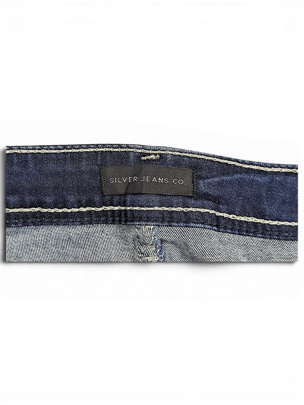 JAKE & IPI Silver Jeans Co. Suki Capri dark wash denim waistband with contrast stitching and brand label