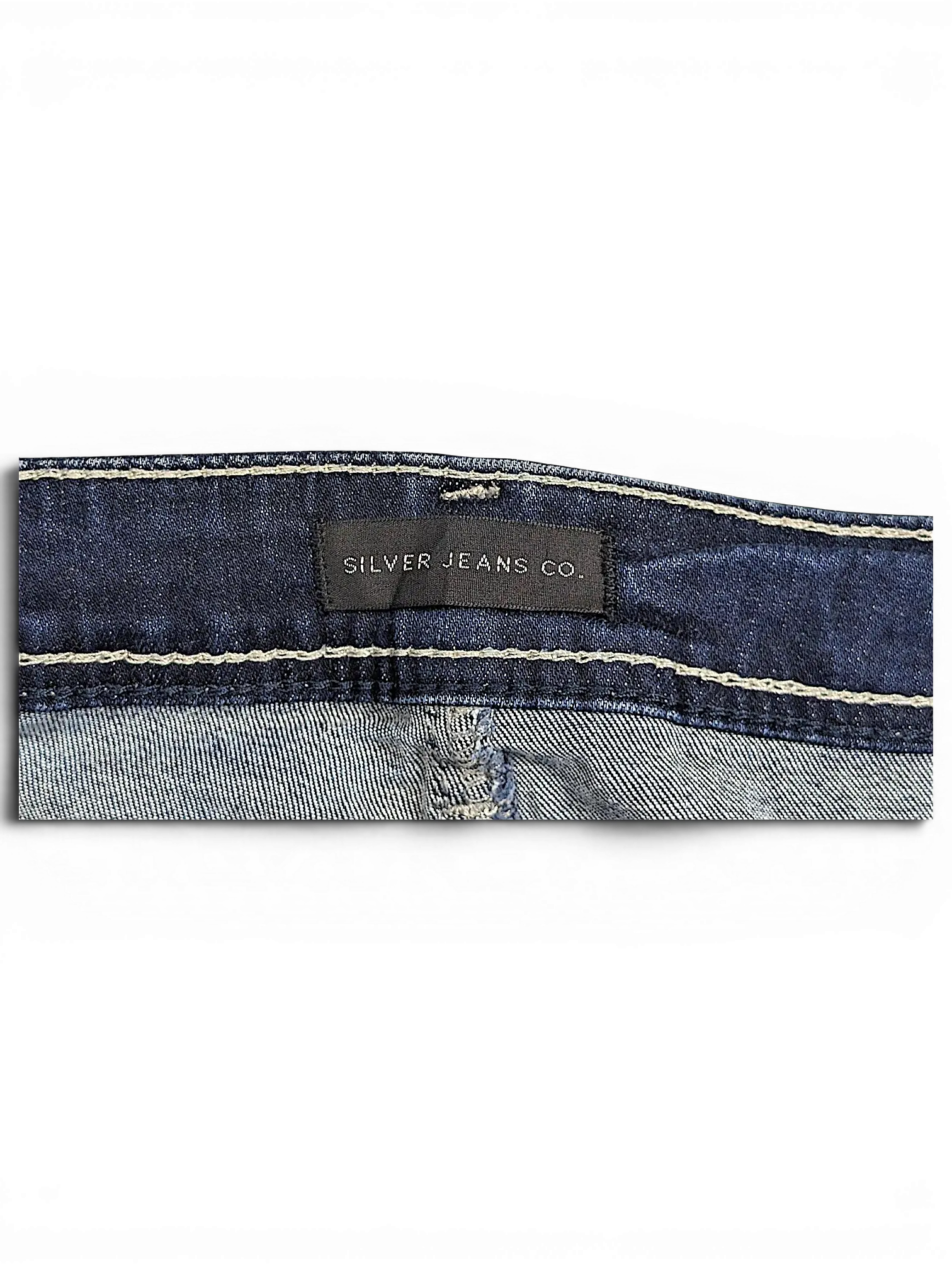 JAKE & IPI Silver Jeans Co. Suki Capri dark wash denim waistband with contrast stitching and brand label