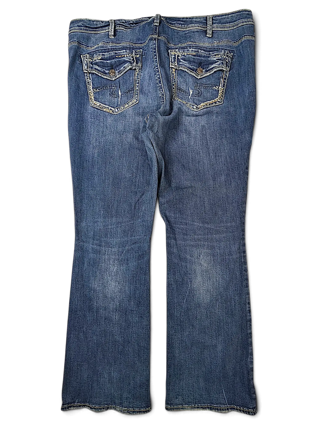 JAKE & IPI Silver Jeans Co Elyse slim boot jeans in medium wash denim with back pocket embroidery and button flaps
