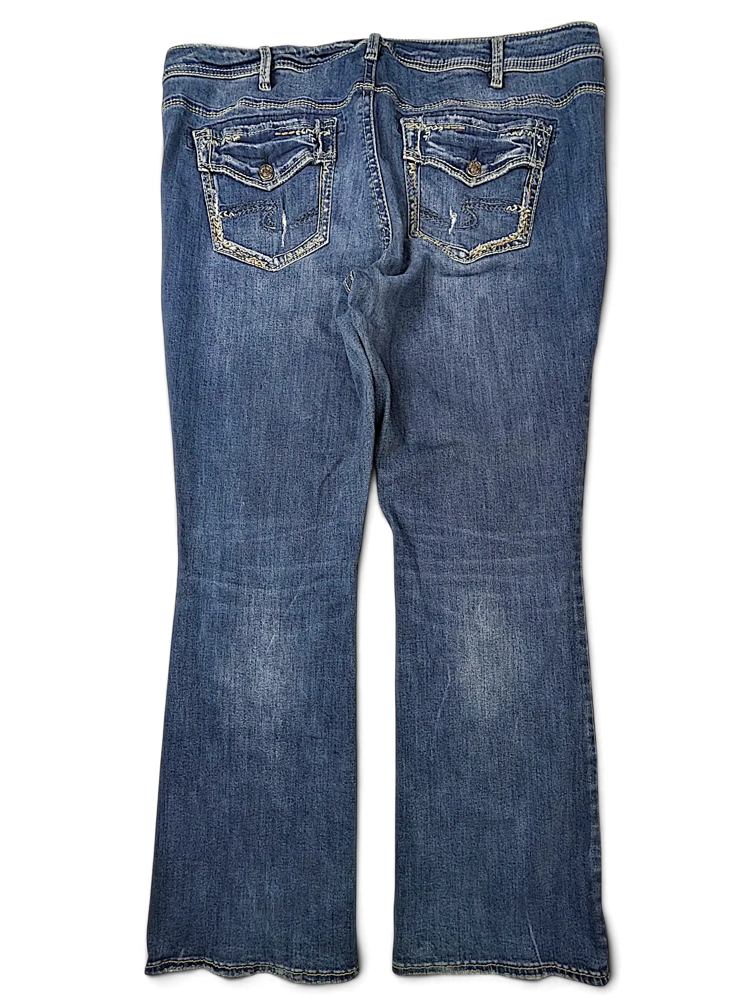 JAKE & IPI Silver Jeans Co Elyse slim boot jeans in medium wash denim with back pocket embroidery and button flaps