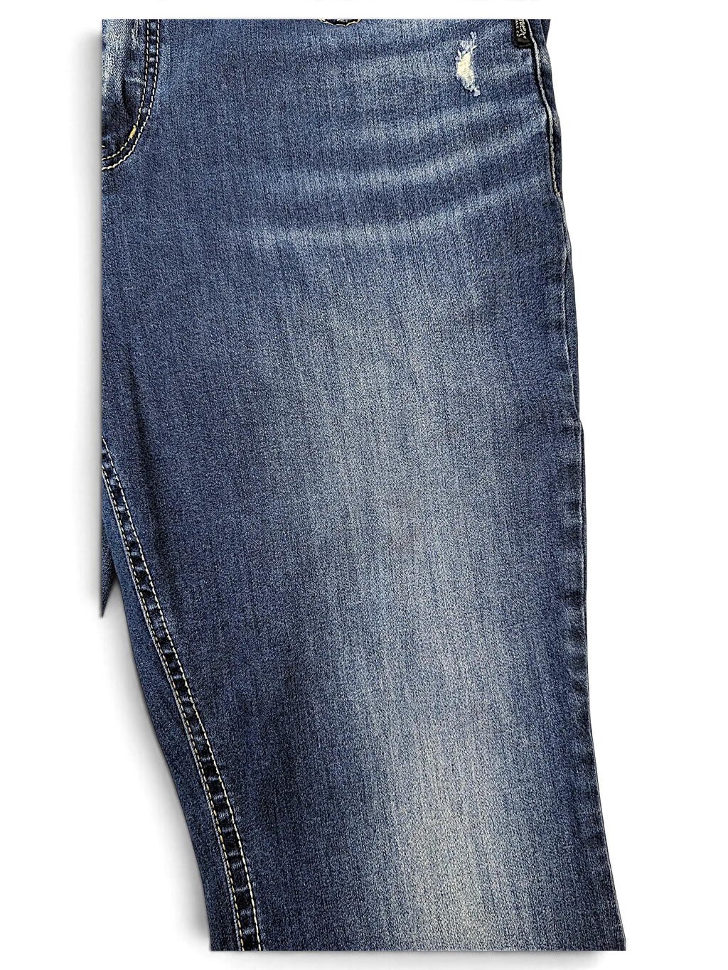 JAKE & IPI Silver Jeans Co Elyse slim boot jeans in medium wash denim with distressed detailing and contrast stitching