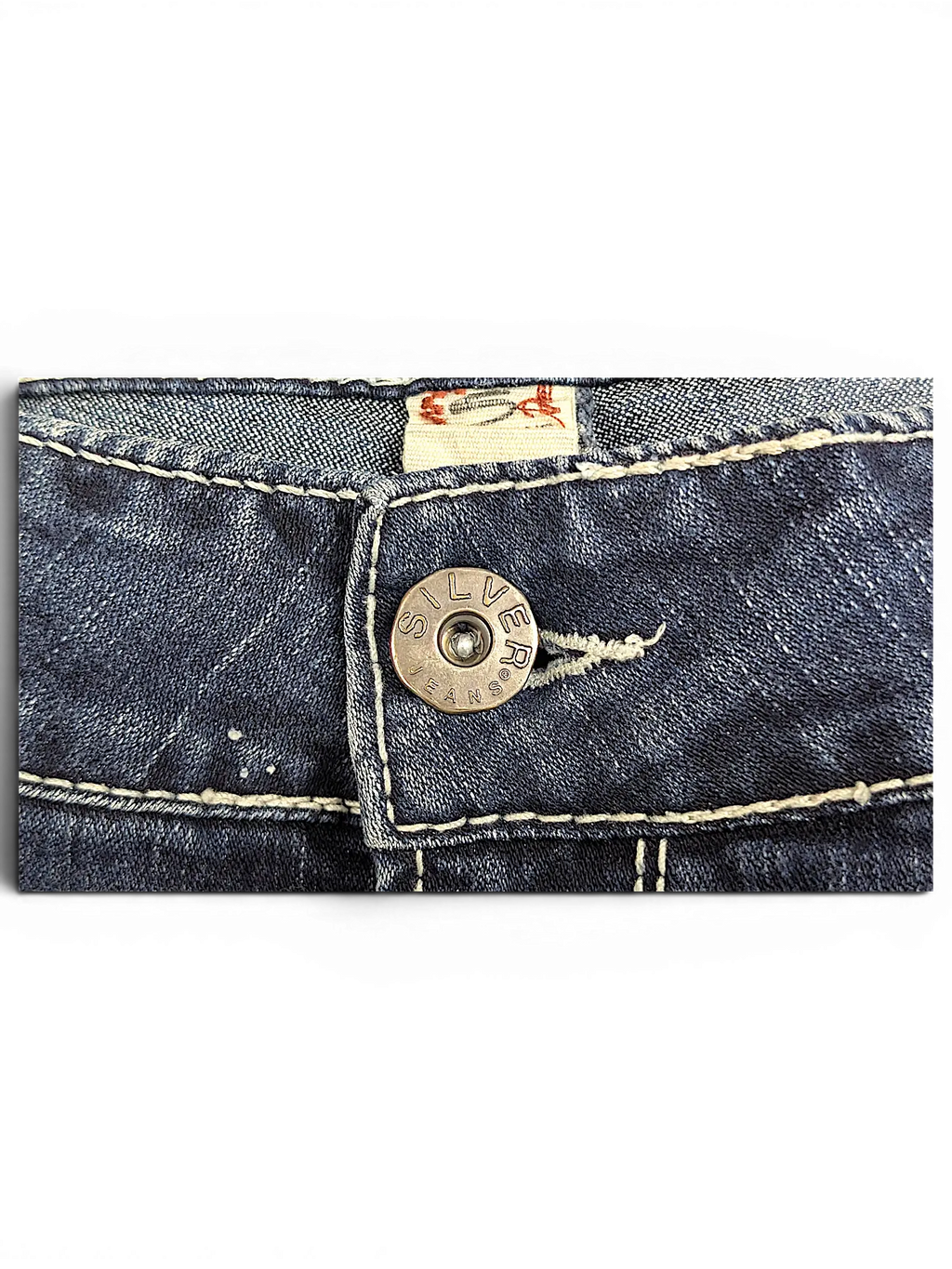 JAKE & IPI Silver Jeans Suki capri denim shorts featuring a branded metal button and contrast stitching