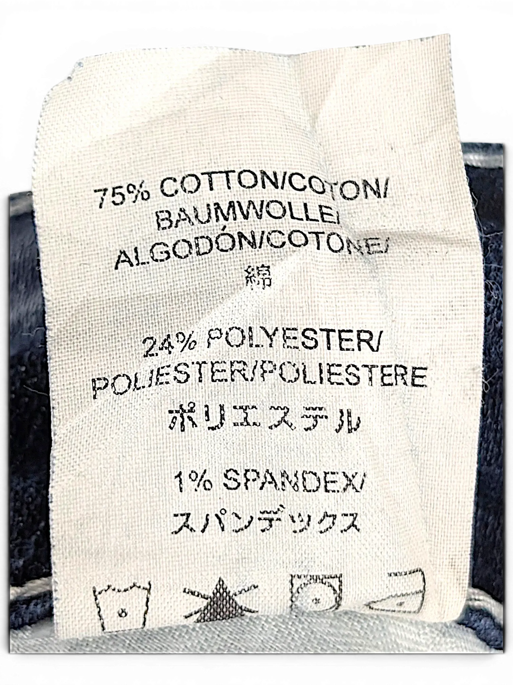 JAKE & IPI Silver Jeans Suki Capri fabric care label showing 75 percent cotton, 24 percent polyester, 1 percent spandex