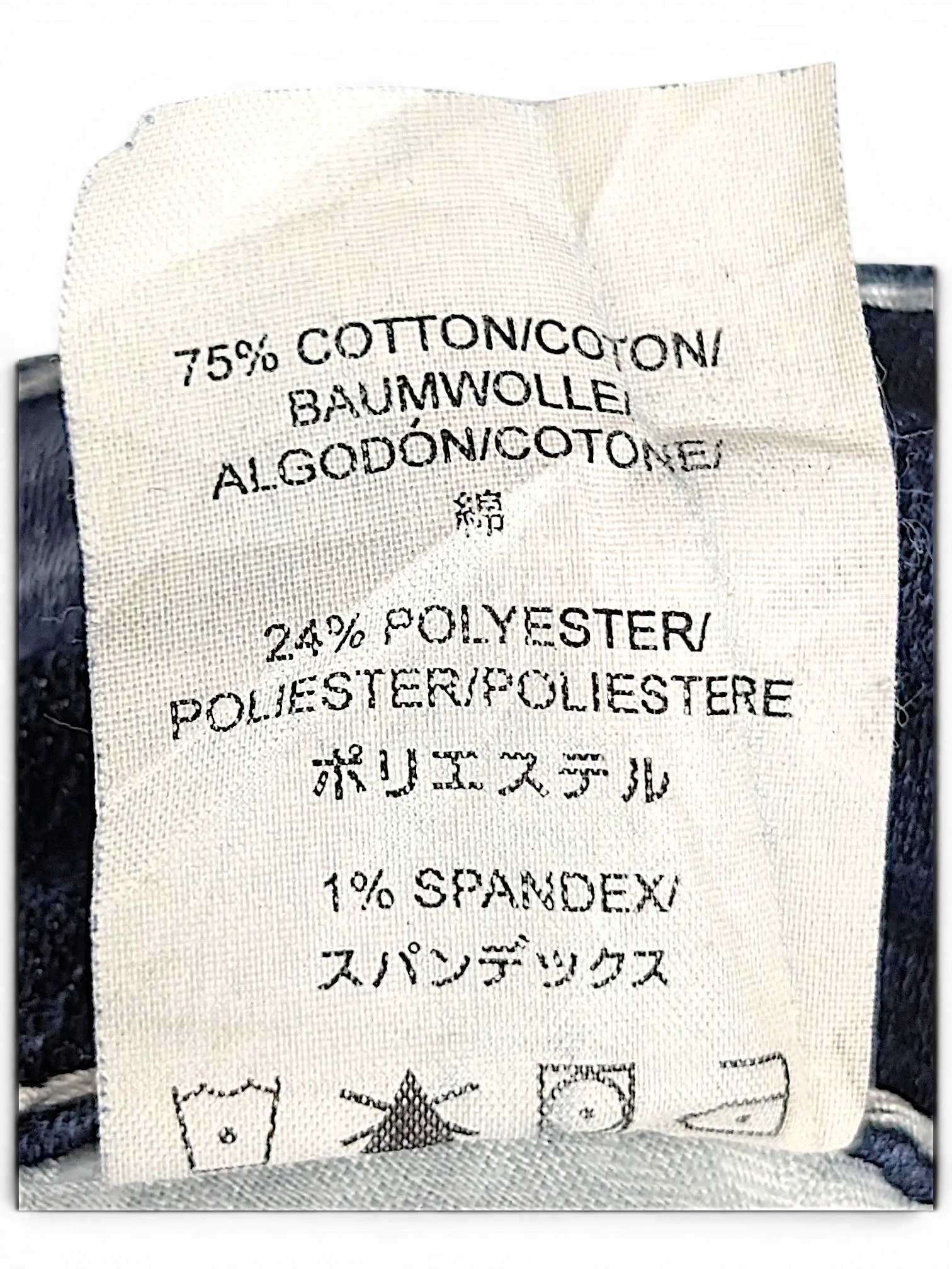 JAKE & IPI Silver Jeans Suki Capri fabric care label showing 75 percent cotton, 24 percent polyester, 1 percent spandex