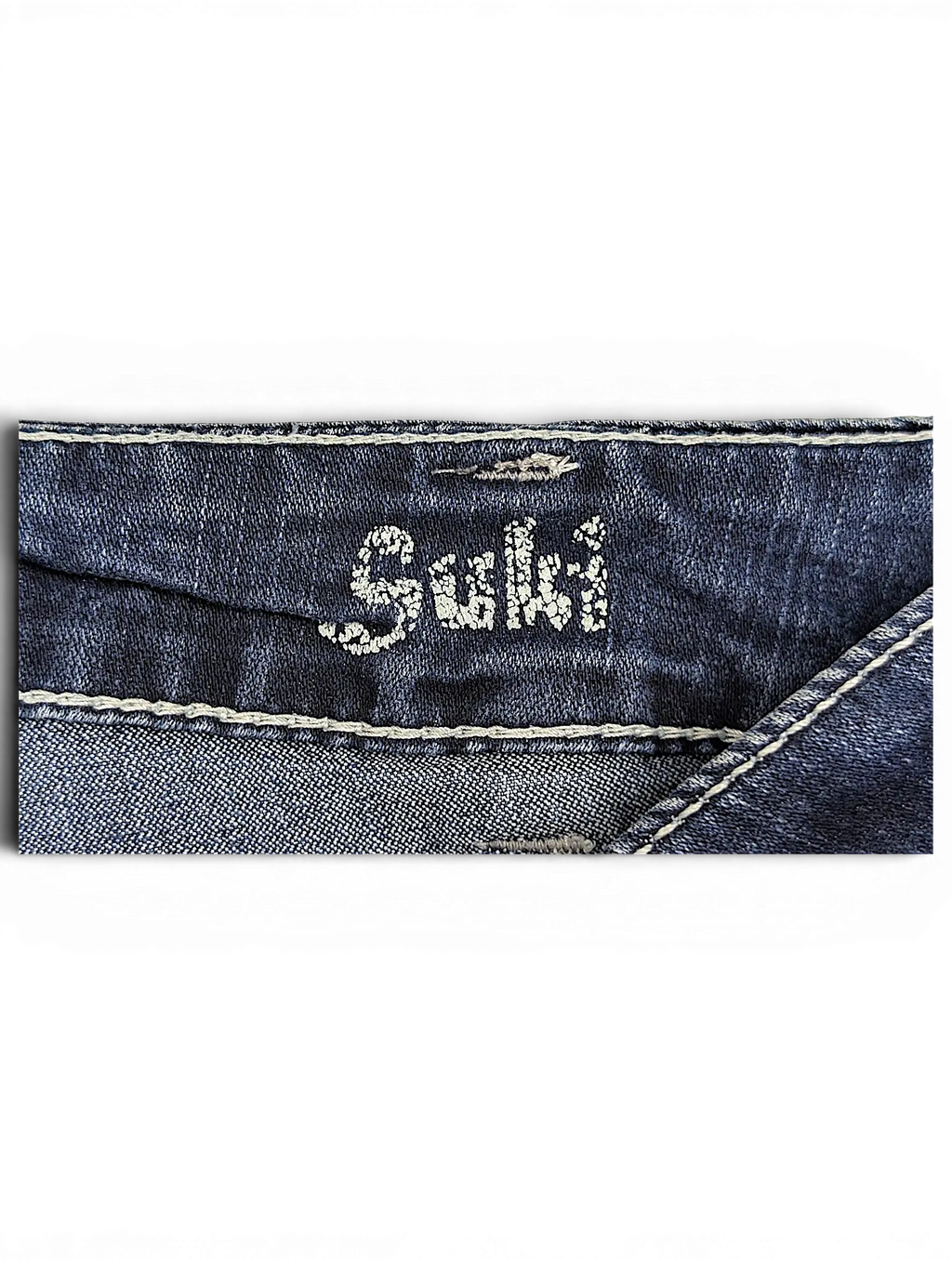 JAKE & IPI Silver Jeans Suki capri denim waistband detail with embroidered logo and contrast stitching